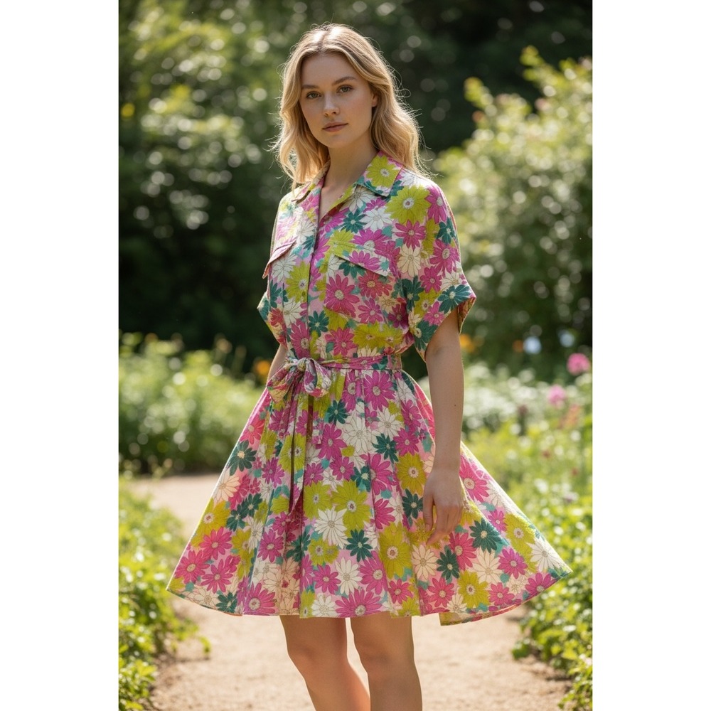 Talulah Womens Pink Green Floral Daisy Button Front Dress Medium M NWOT
